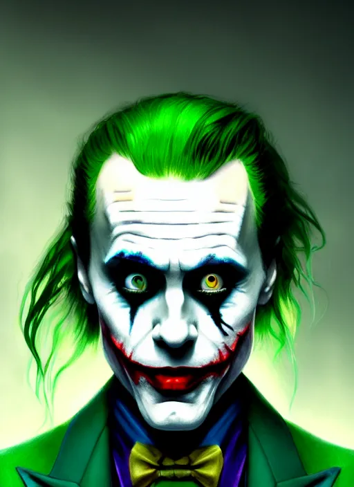 Image similar to portrait of jared leto as the joker, green hair, intricate, elegant, glowing lights, highly detailed, digital painting, artstation, concept art, sharp focus, illustration, art by wlop, mars ravelo and greg rutkowski