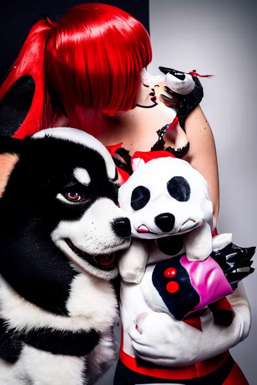 Image similar to lady gaga dressed as harley quinn attacked by plush shiba inu, plush toy, luxury materials, symmetrical, cinematic, elegant, professional studio light, real dlsr photography, sharp focus, 4 k, ultra hd, sense of awe, high fashion