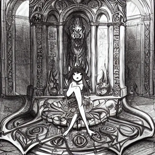 Prompt: a beautiful girl, summoning an eldritch god, in an ancient altar, atmospheric, intricate detail, very anime,