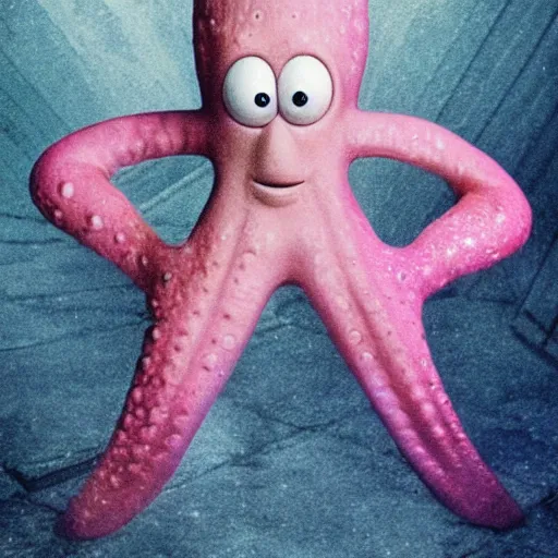 Image similar to patrick star from spongebob sacrifices squidward found footage cult photograph hyperrealistic