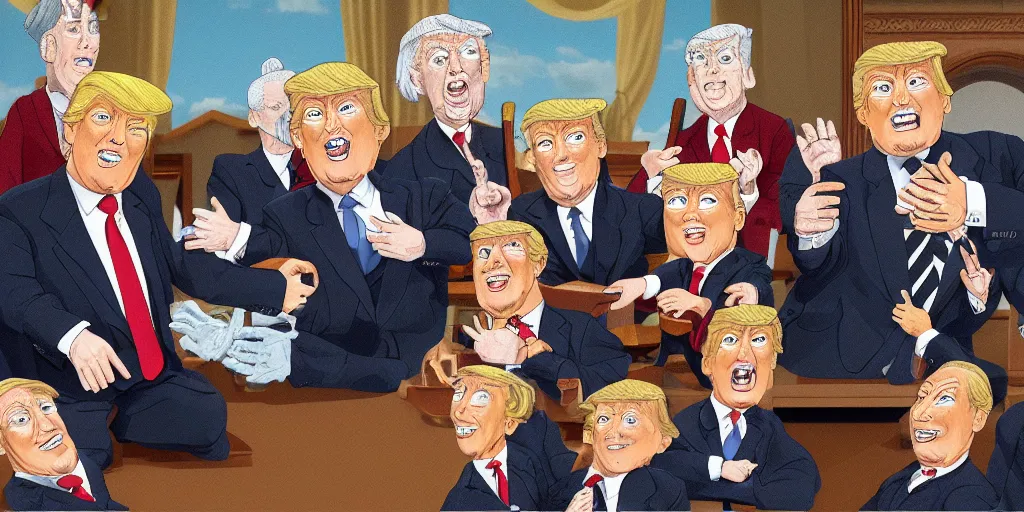 Prompt: donald trump (puppeteer) controlling supreme court justices as puppets, full color digital illustration