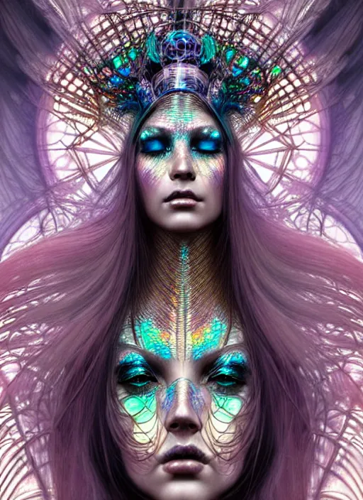 Image similar to hyperrealistic detailed portrait of a beautiful goddess in an iridescent cyber headdress, intricate cyberpunk make - up, art by android jones, nekro borja, alphonso mucha, h. r. giger, ornamental gothic - cyberpunk,