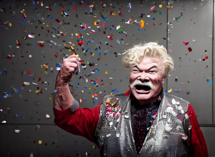 Prompt: photo still of rip taylor in a jail cell!!!!!!!! at age 6 3 years old 6 3 years of age!!!!!!! throwing confetti from a bucket, 8 k, 8 5 mm f 1. 8, studio lighting, rim light, right side key light