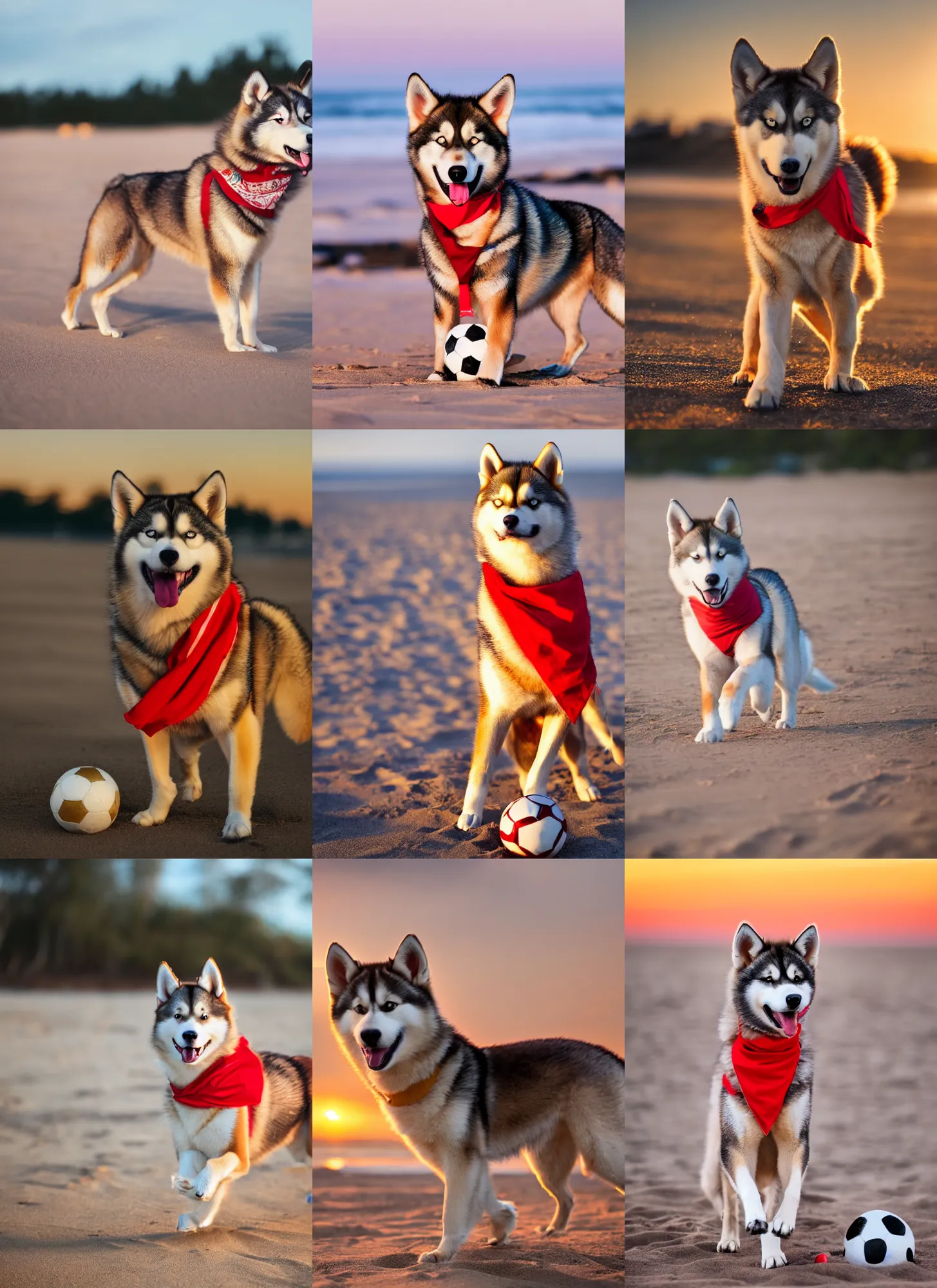 Prompt: a playful caramel husky wearing a red bandana, playing soccer on the beach, Golden hour, bokeh , 4k