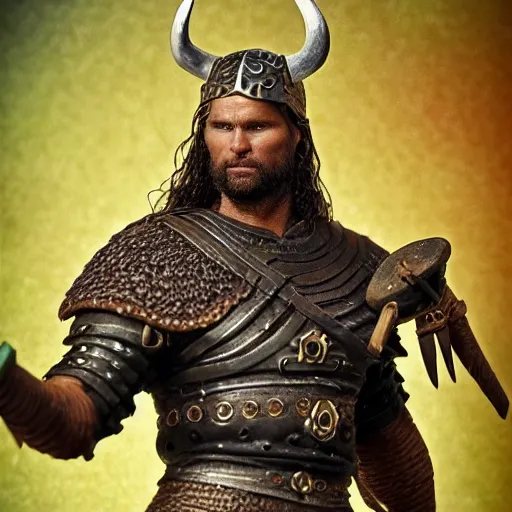 Image similar to of a viking from valhalla, wearing the horned helmet ultra fine detail, hair strands, ultra high resolution, fine texture detail, miniature painting techniques, perfect proportions, marvel cinematic universe, eric bana