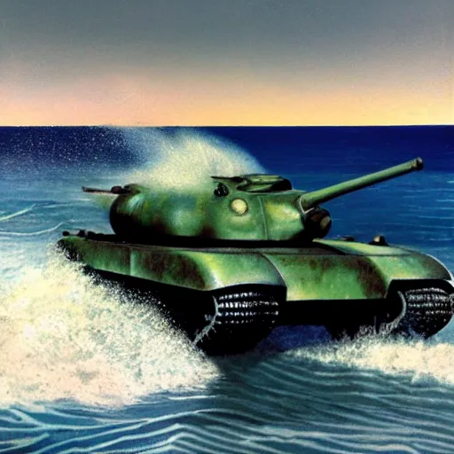 Image similar to a T-34 emerging from Ocean waves, hyperrealistic