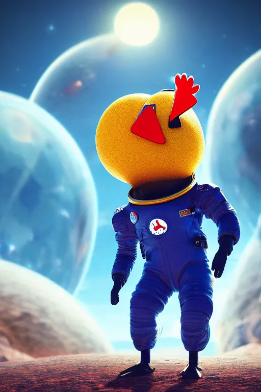 Image similar to a lonely chicken wearing a space suit without helmet in a alien planet, profile picture, digital art, concept art, trending on DeviantArt, highly detailed, high quality, 4K, cartoon, high coherence, path traced, blue sky in the background, octane render, digital painting, no helmet, masterpiece, anatomically correct, hyperrealistic