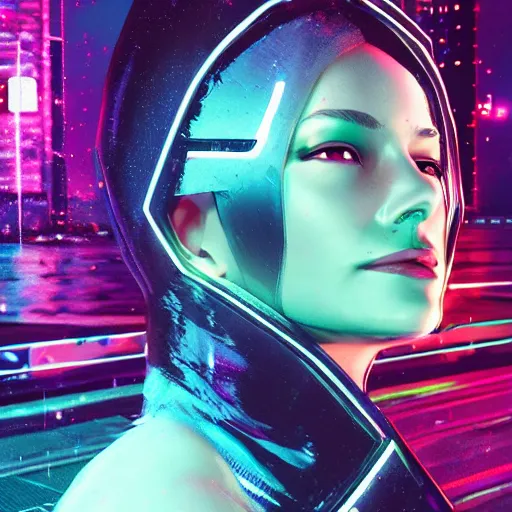 Prompt: comic book woman portrait made out of rain, beautiful, stylish suit, cyberpunk background, neon, rendered in octane, unreal engine, matte painting, sharp focus, trending on artstation, futuristic, space