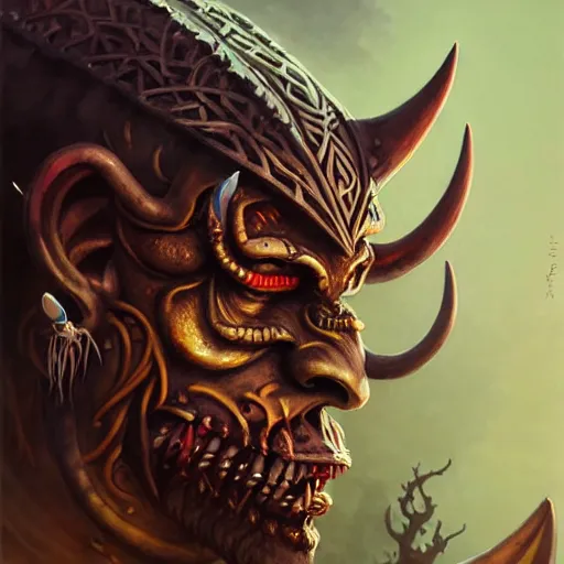 Prompt: side profile of barong family member, wiwek, mara demon, one single tribe member, jungle, one single mask, dark, ancient viking warrior, ninja, tribal, inner glow, paint by peter mohrbacher