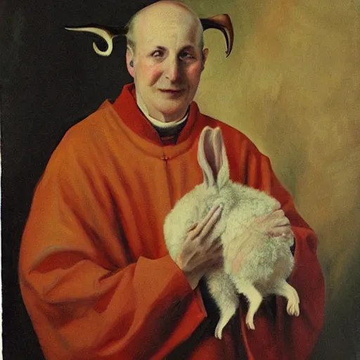 Image similar to priest holding a bunny, bunny has big fangs, priest has ram horns, oil painting