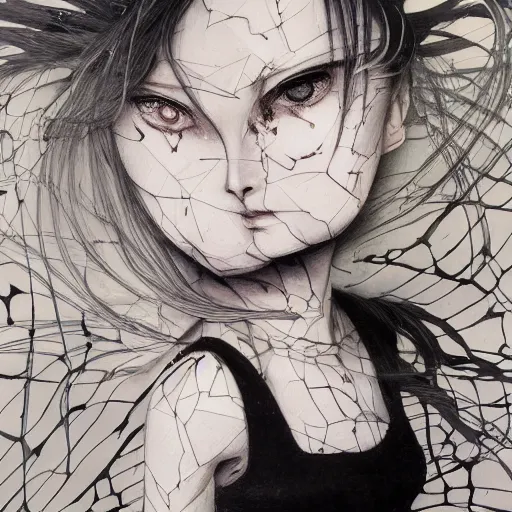 Image similar to Yoshitaka Amano realistic illustration of an anime girl with wavy white hair and cracks on her face wearing dress suit, abstract black and white patterns on the background, noisy film grain effect, highly detailed, Renaissance oil painting, weird camera angle