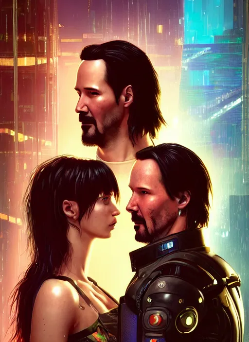 Image similar to a cyberpunk 2077 couple portrait of Keanu Reeves & female android in final kiss,love,film lighting,by Laurie Greasley,Lawrence Alma-Tadema,Dan Mumford,artstation,deviantart,FAN ART,full of color,Digital painting,face enhance,highly detailed,8K,octane,golden ratio,cinematic lighting