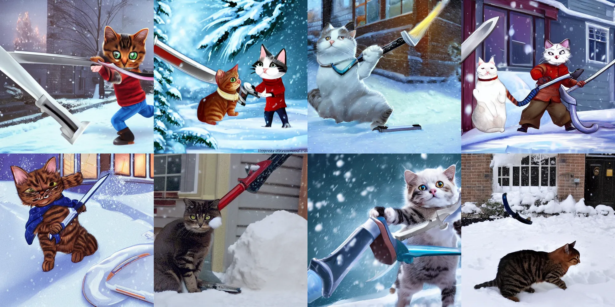 Prompt: a cat wielding a greatsword while fighting a vacuum cleaner outside in the snow, blizzard