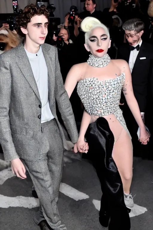 Image similar to timothee chalamet and lady gaga holding hands, beautiful detailed faces, canon eos, featured, flash lighting