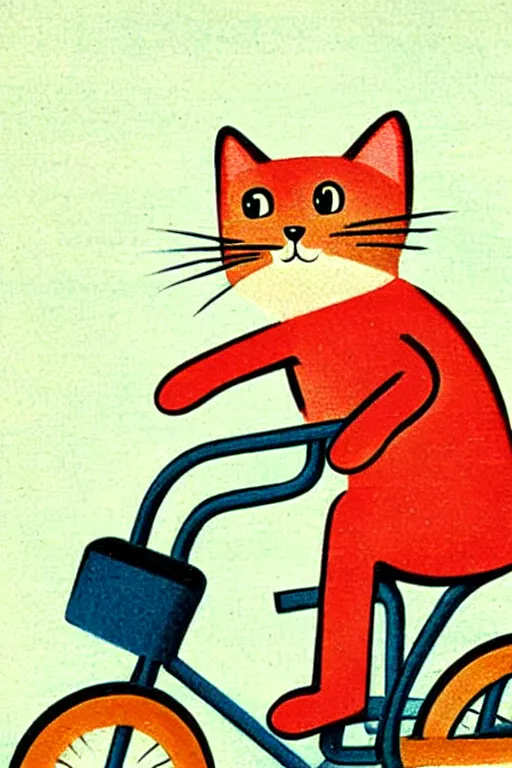 Image similar to by richard scarry,,,,,,,,,,,,,,,,,,,,,,, a cat riding a bike. a 1 9 5 0 s retro illustration. muted colors, detailed