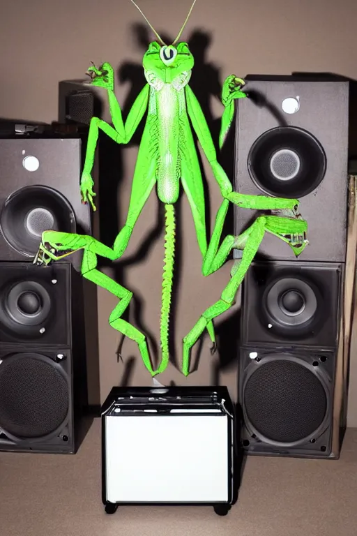 Image similar to a praying mantis kaiju DJ wearing headphones and carrying two big subwoofer speaker boxes