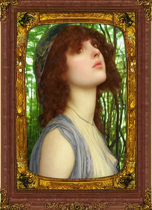 Image similar to masterpiece beautiful seductive flowing curves preraphaelite face portrait photography, extreme close up shot, straight bangs, thick set features, yellow ochre ornate medieval dress, laying amongst foliage mushroom forest circle arch, frederic leighton and kilian eng and rosetti, william morris and mucha, framed, 4 k