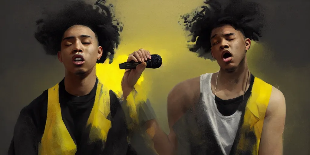 Prompt: painting of a cinematic still of a young light - skin black rapper singing, wearing a white tank top, extremely detailed digital painting, in the style of fenghua zhong and ruan jia and jeremy lipking and peter mohrbacher, predominant colors are black and yellow, rim light, beautiful lighting, 8 k, raytracing, octane, trending on artstation