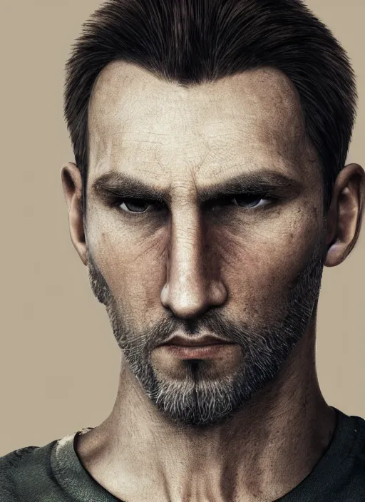 Image similar to a portrait picture of a rough looking man in their 3 0 s, crew cut, brown hair, rugged good looks, serious face, stubble, scar on the cheek, highly detailed, digital art, realistic, 4 k, studio lighting, trending on artstation