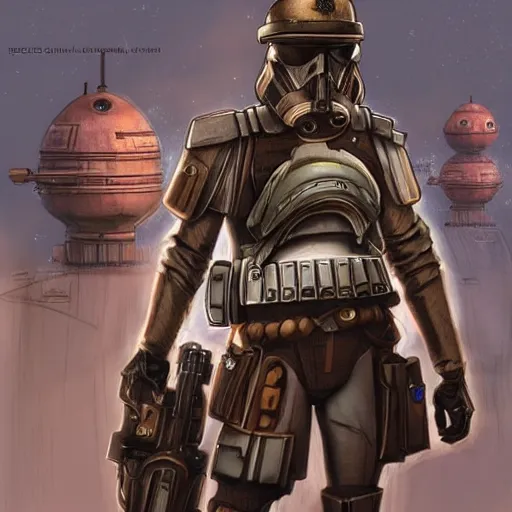 Image similar to Steampunk Trooper patrolling the Steampunk City of Coruscant, Star Wars Concept art, trending on cgsociety