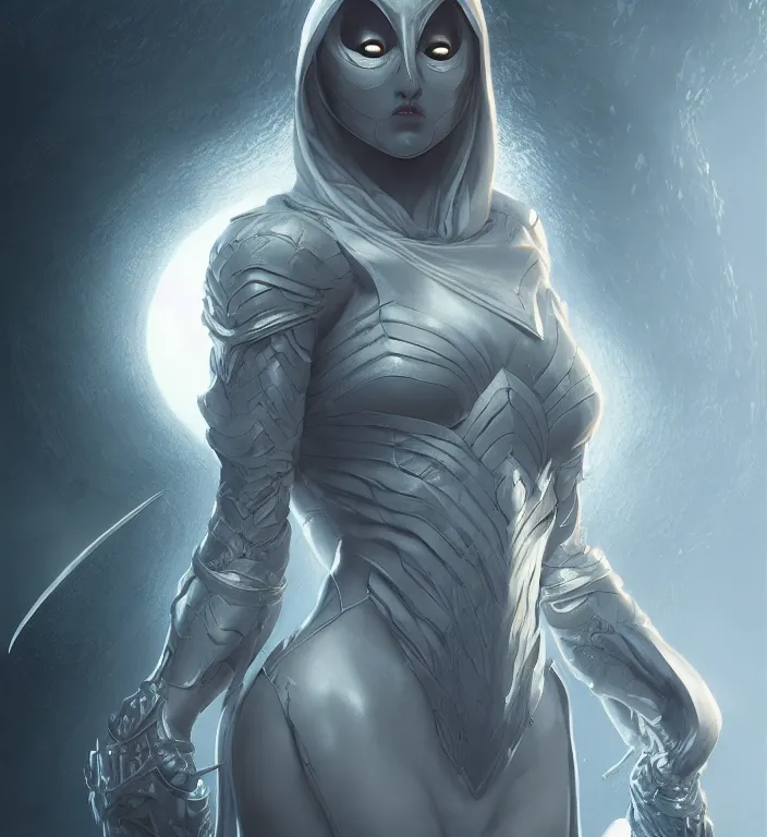 Image similar to female moon knight, hyper detailed, digital art, trending in artstation, cinematic lighting, studio quality, smooth render, unreal engine 5 rendered, octane rendered, art style by klimt and nixeu and ian sprigger and wlop and krenz cushart