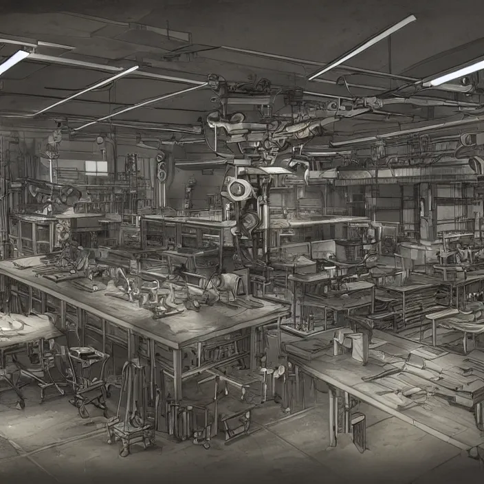 Image similar to highly detailed weapons laboratory, with research, robot arms, tables, parts, windows. Extremely detailed digital art.