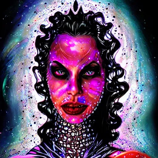 Image similar to queen vampire woman portrait made out of galaxies, beautiful, cyborg, tim burton comic book art, realistic