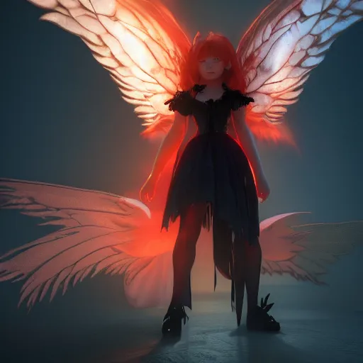 Image similar to young vampire princess witch summons with burning wings 4 k high definition dramatic lighting artstation trending path traced contrast light and dark cinematic breathtaking by dore, gustave and noriyoshi ohrai