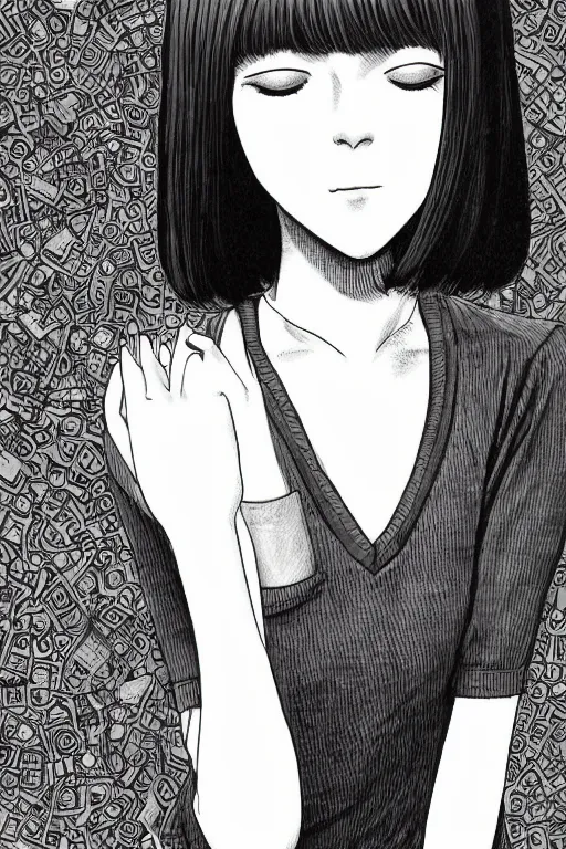 Prompt: portrait of a girl in long pants and a top, hands in pockets, eyes closed, red heart shaped tattoo on the right hand, bob haircut, digital art, black and white, detailed illustration by junji ito and kaoru mori