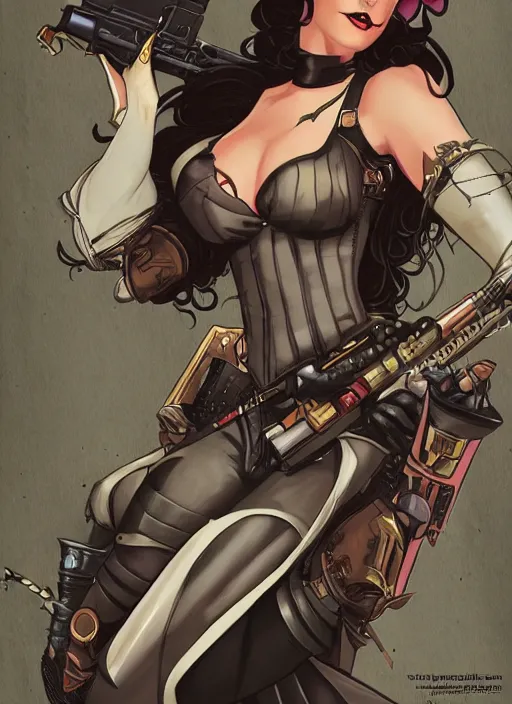 Image similar to Lady Mechanika in a Comic Book cover, holding a shotgun, artstation, Deviantart, Wallpaper, sharp,