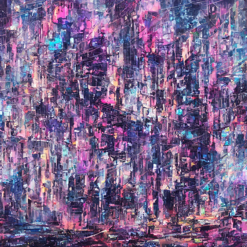 Prompt: oil painting of a futuristic, overpopulated, busy, dark cyberpunk metropolis, fuchsia and blue, people walking in the streets packed like sardines, tv screens on buildings, flying cars and hoverboards fly through smog, textured