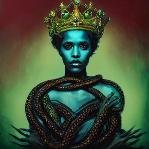 Image similar to portrait of a queen with a crown of snakes, desi dark skin, kneeling, dramatic lighting, blue and green, by Anato Finnstark, Tom Bagshaw, Brom