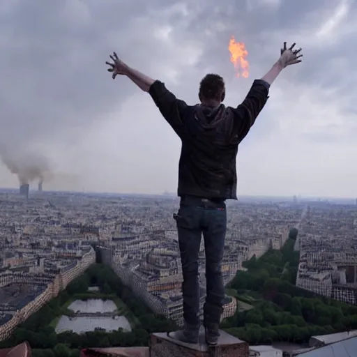 Image similar to A Guy standing a top of Eiffel tower, Zombie apocalypse, Zombie everywhere, Fire everywhere, Building destroyed, People screaming, Horde of zombies,