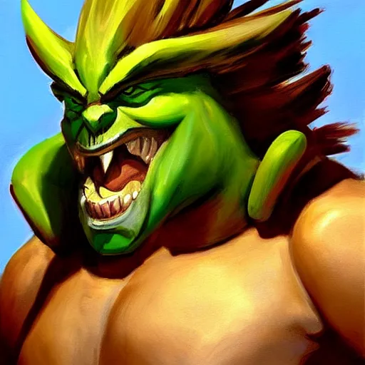 Image similar to greg manchess portrait painting of partially armored blanka from street fighter as overwatch character, medium shot, asymmetrical, profile picture, organic painting, sunny day, matte painting, bold shapes, hard edges, street art, trending on artstation, by huang guangjian and gil elvgren and gerald brom