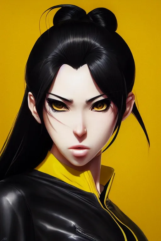 Image similar to black ponytail hair, pale woman in a black unzipped jacket and yellow bikini, yellow eyes, by artgerm, black backdrop, masterpiece, beautiful render, matte painting, realistic, fighting pose, dynamic angle, beautiful face, young half asian woman, by greg rutkowski makoto shinkai takashi takeuchi