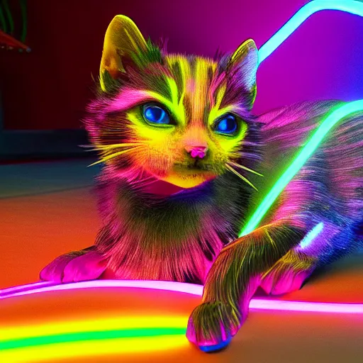 Prompt: neon strips on iridescent kittens cyperpunk 2 0 7 7, unreal engine 5, 8 k ultra realistic, hyperdetailed, volumetric lighting, extremely high quality