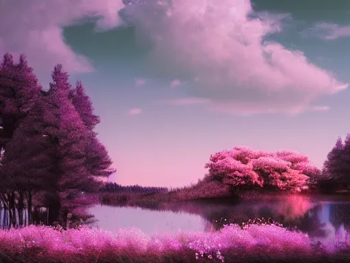 Image similar to calm, beautiful and cozy landscape, photorealist, vaporwave, 4 k