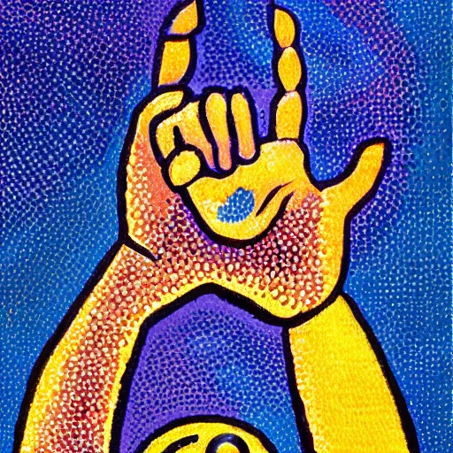 Prompt: A painting. A rip in spacetime. Did this device in his hand open a portal to another dimension or reality?! pointillism by Ossip Zadkine, by Mike Allred brash
