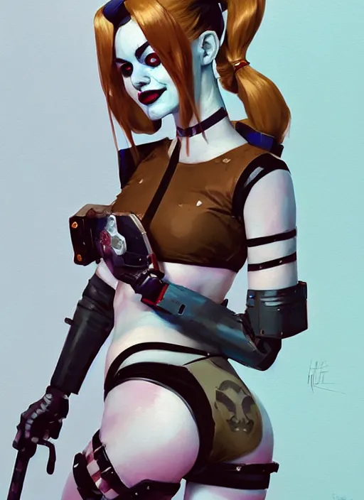 Prompt: portrait of cute harley quinn in cyber bikini armor, warhammer, cyberpunk, by atey ghailan, by greg rutkowski, by greg tocchini, by james gilleard, by joe fenton, by kaethe butcher, by gustav klimt, dynamic lighting, gradient light blue, brown, blonde cream and white color in scheme, grunge aesthetic