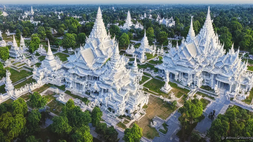 Prompt: a beautiful aerial view of the ancient godly temple of Wat Rong Khun, by dan mumford and Ivan Aivazovsky