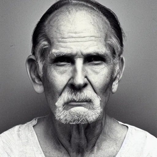 Prompt: A mugshot portrait of an old man who looks like Jerma985 with a receded hairline and short mid-length greying wavy hair, wearing mid-1980s menswear in the late 2000s, taken in the mid 2000s, grainy, realistic, hyperrealistic, very realistic, highly detailed, very detailed, extremely detailed, detailed, trending on artstation, front facing, front view, headshot and bodyshot, detailed face, very detailed face