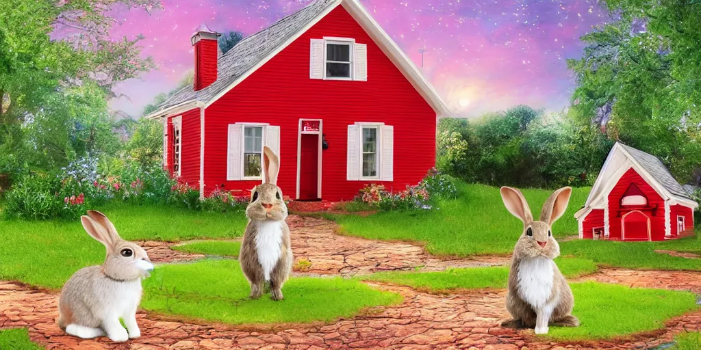 a rabbit posing in front of a red swedish house next Stable