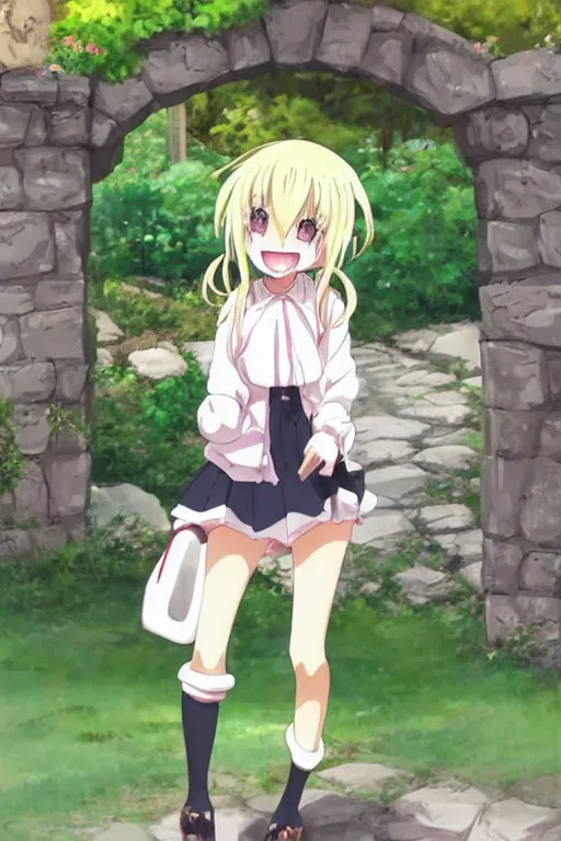 Prompt: a very cute art of a smiling blonde anime girl idol walking at the garden, mouth open, cheeky, in the style of anime, near a stone gate