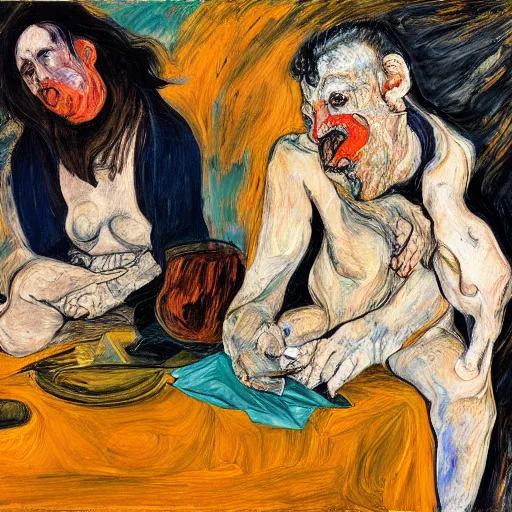 Image similar to high quality high detail expressionist painting of a man in agony by lucian freud and jenny saville and francis bacon and francisco goya and egon schiele and edvard munch and, hd, anxiety, seated at table crying and screaming, turquoise and orange