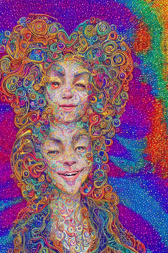 Image similar to a happy beautiful wise spirit goddess in the shape of a heart, meditation, 3 2 k resolution, good vibes, perfect lighting, billions of details, made out of small cubes of love, pointillism, fabric embroidery, stunning artwork, android jones, chris dyer, alex grey, trending on artstation, award winner