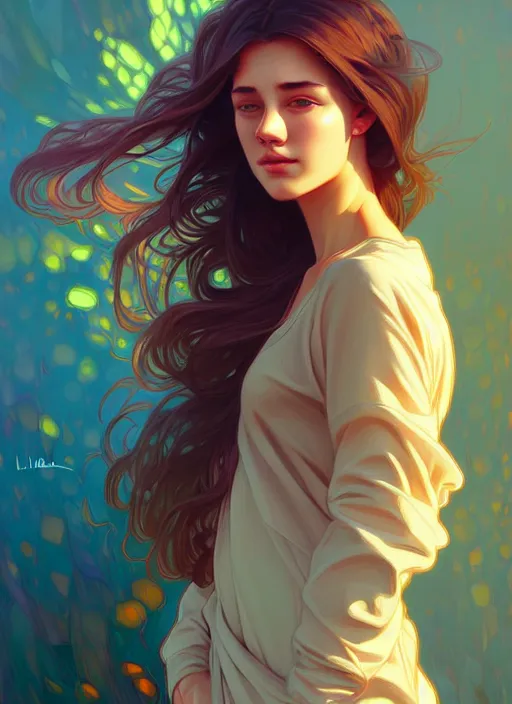 Image similar to handsome young women with shoulder length brown hair, half body shot, path traced, highly detailed, high quality, digital painting, alena aenami, lilia alvarado, shinji aramaki, karol bak, alphonse mucha, tom bagshaw