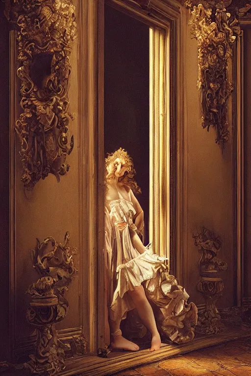 Image similar to the dweller on the threshold dramatic, elaborate emotive Baroque and Rococo styles to emphasize beauty as a transcendental, 8k image, ultra-realistic