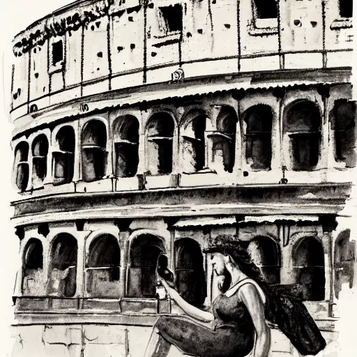 Prompt: woman making lemonade in front of the colosseum, monochrome watercolor painting