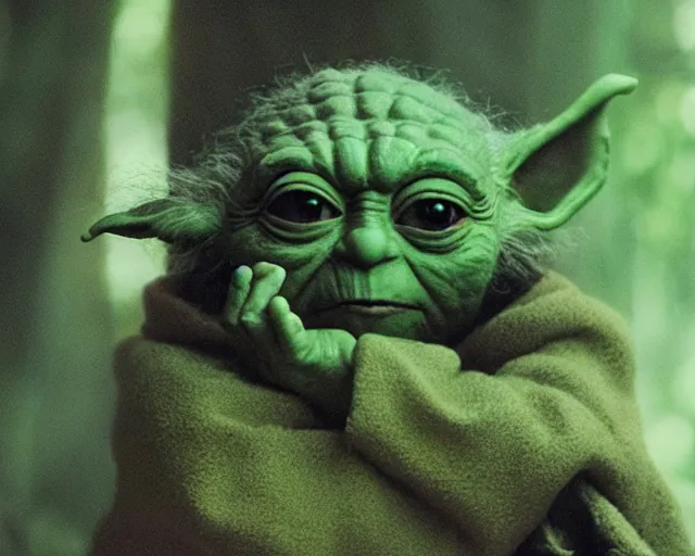 Image similar to 4 k hd, high resolution photograph of yoda meditating in dagobah, shot with sigma f / 4. 2, 2 5 0 mm sharp lens, wide shot, high level texture render