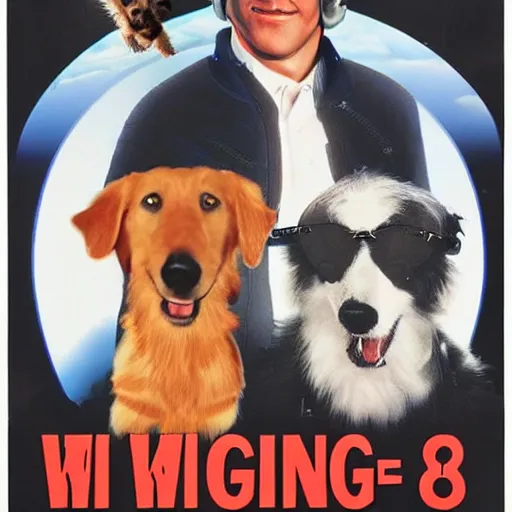 Image similar to a 8 0's movie poster about a guy and his dog. they are pilots it's called wing and a paw